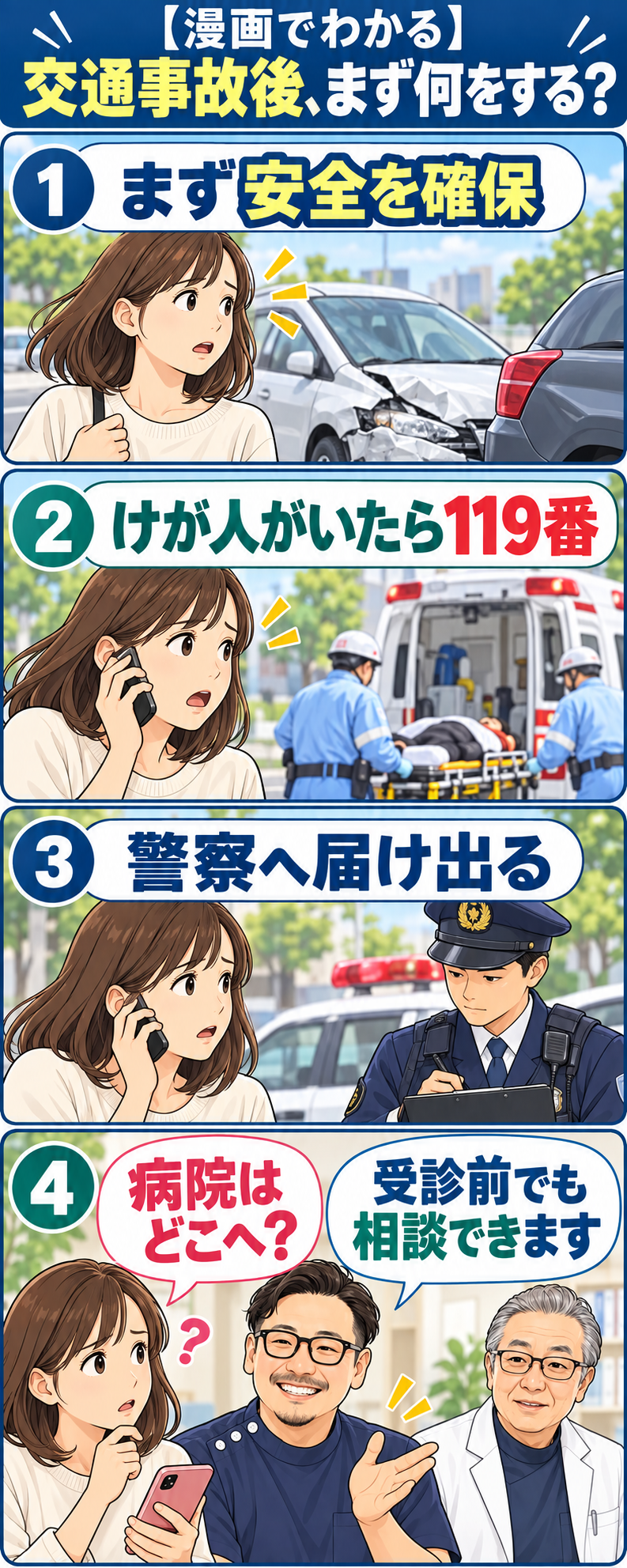 【漫画でわかる】交通事故後の安全確保、けが人への119番、警察への届出、病院受診前の相談を説明する前編